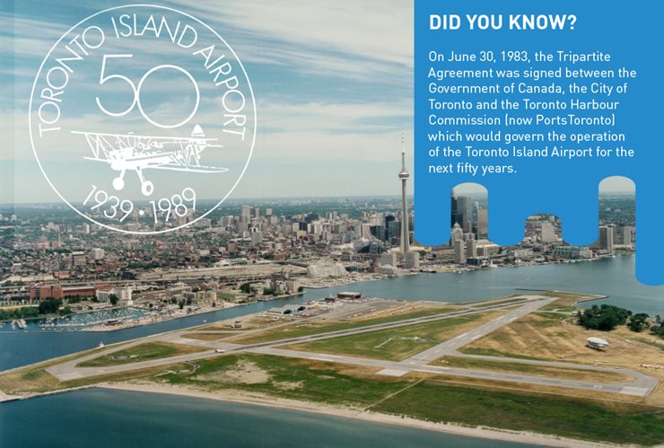 50 year anniversary logo with airport and downtown Toronto in background
