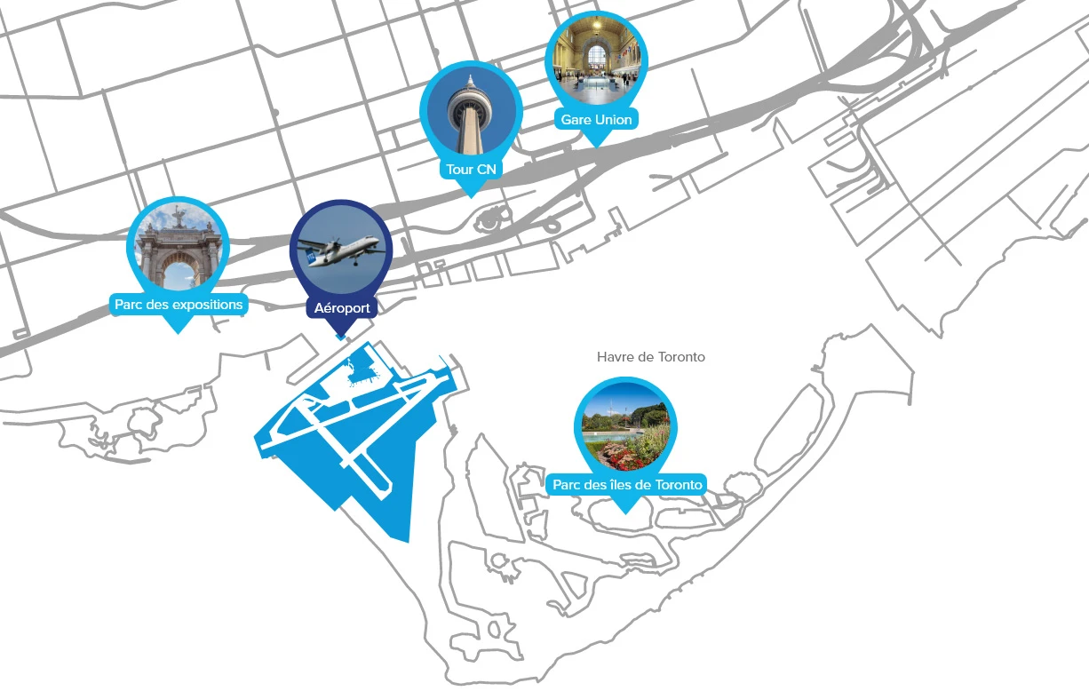 Carte de l'aéroport avec d'autres monuments majeurs du centre-ville de Toronto représentés