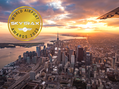 Aerial view of Toronto with Skytrax logo.
