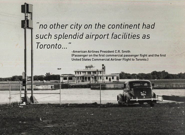 Picture of car in foreground with airport terminal in background. Comment from American airlines President: no other city on the content had such splendid airport facilities as Toronto...