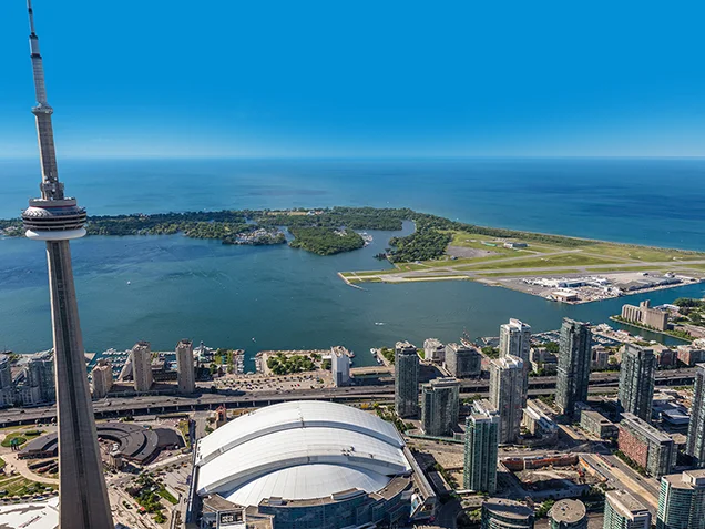 Aerial view of the Billy Bishop Toronto City Airport with Downtown Toronto in the foreground