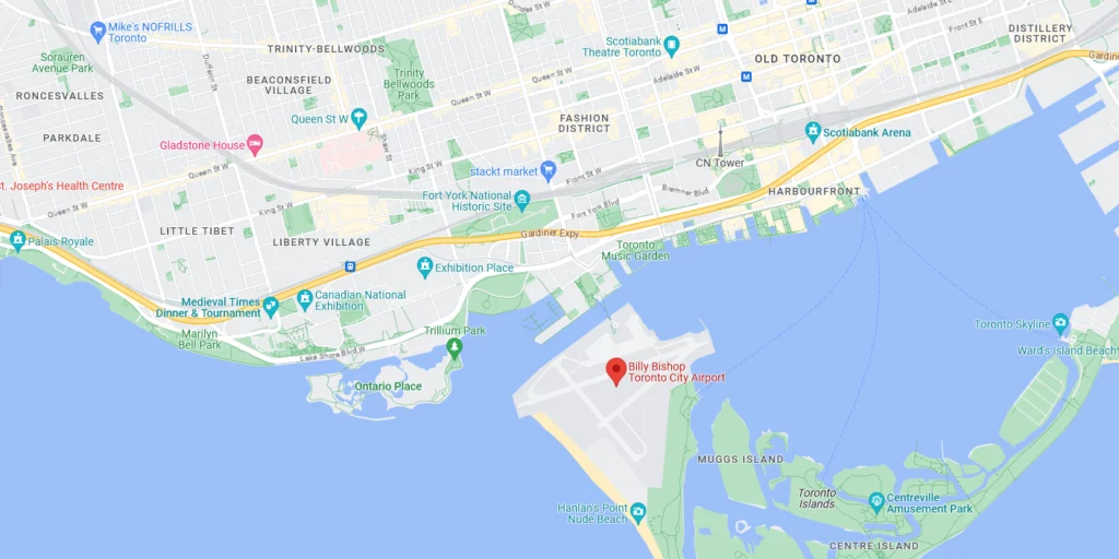 Google Map with Billy Bishop Toronto City Airport centered