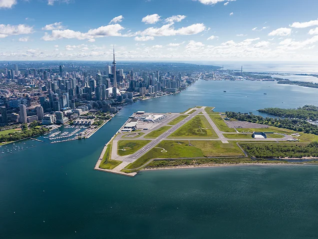 Aerial shot of Toronto, the airport, island and lake Ontario