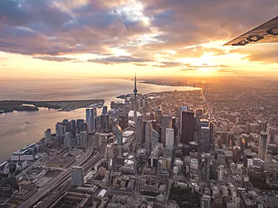 Downtown Toronto aerial photo at sunset