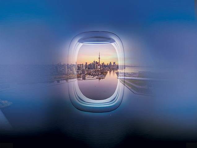 Illustration viewing downtown Toronto through a plane window