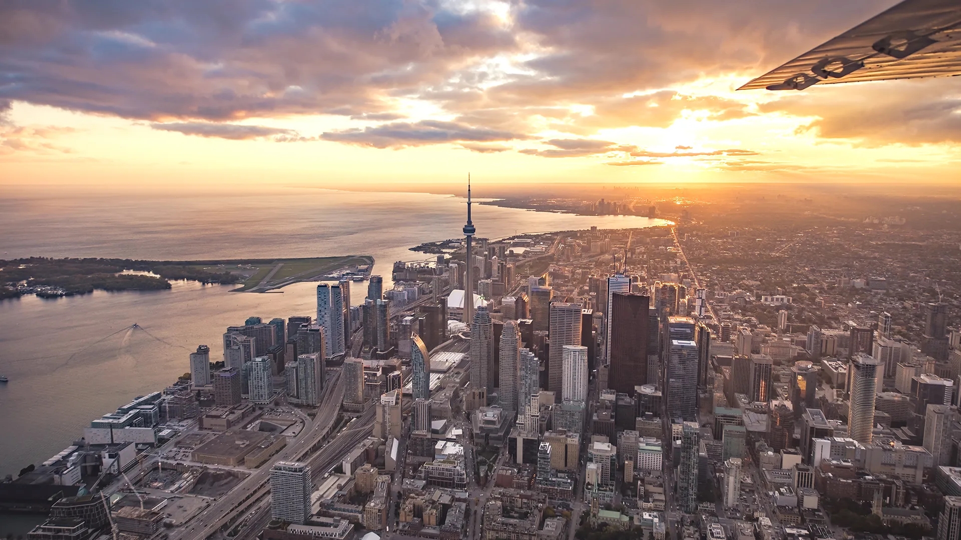 Aerial photo of the Toronto skyline at sunset