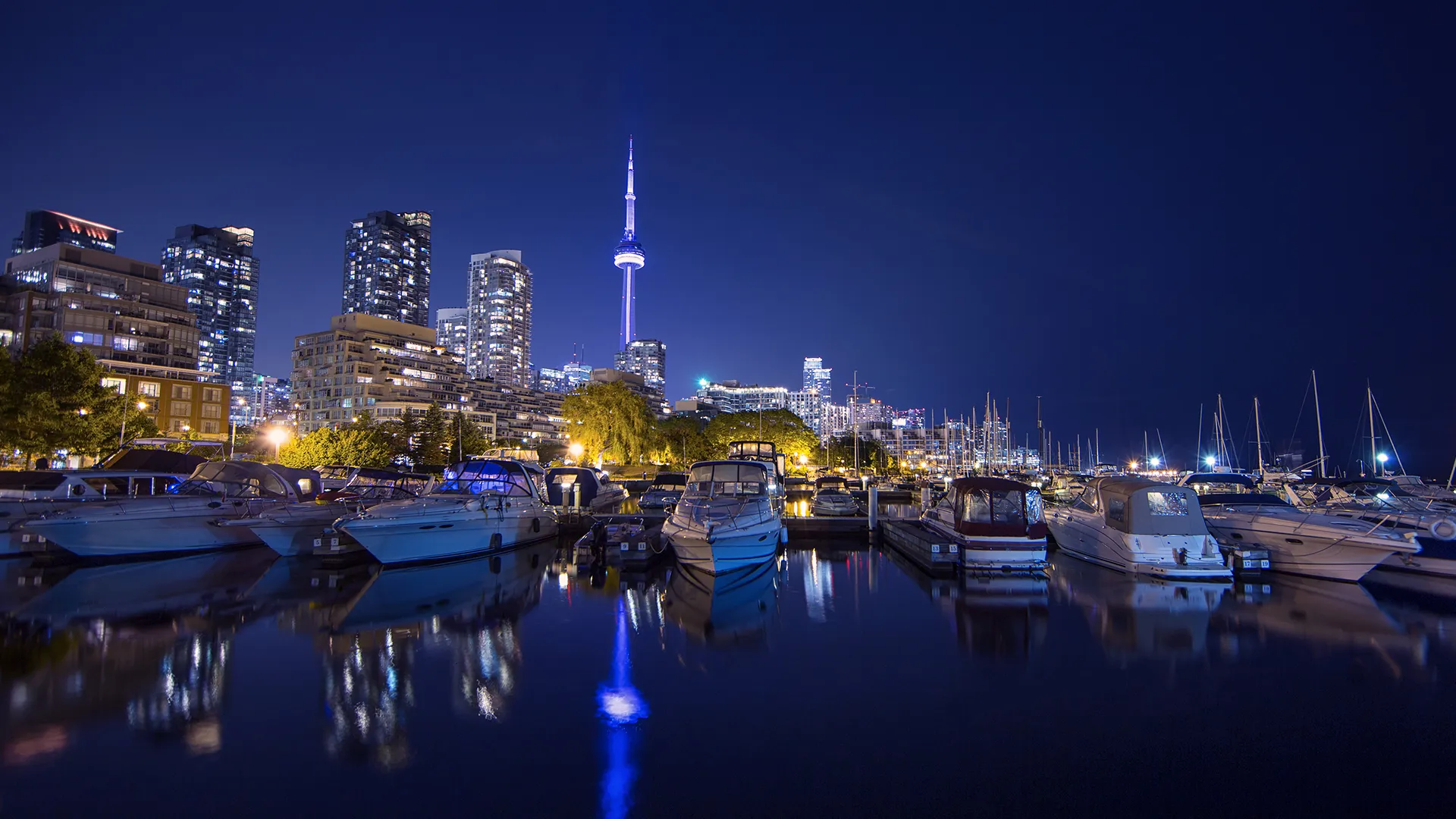 Toronto marina and skyline at night