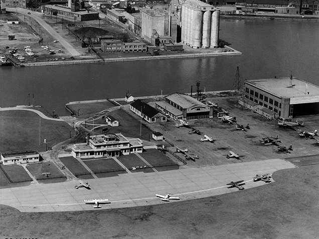 Historical earlier photo of the island airport in black and white