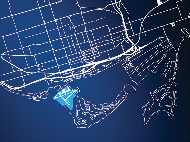 Position of Billy Bishop Toronto City Airport on a map of down-town Toronto