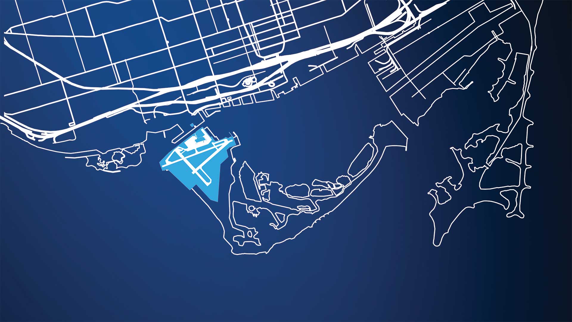 A map of downtown Toronto with Billy Bishop Toronto City Airport highlighted