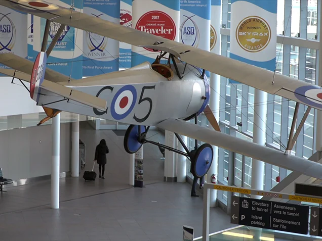 World War 1 plane hanging in the Billy Bishop Toronto City Airport atrium