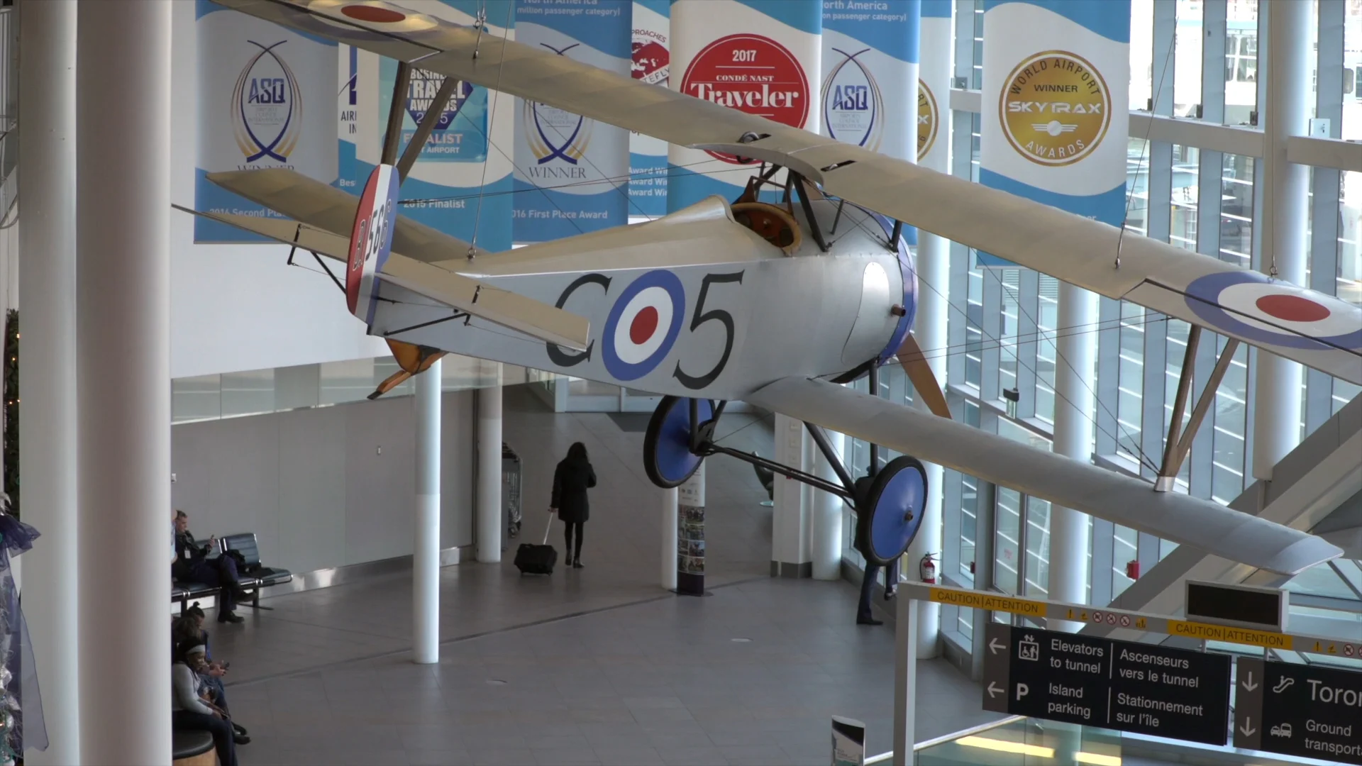 World War 1 plane hanging in the Billy Bishop Toronto City Airport atrium