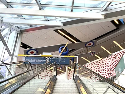 Looking up the escalator at the Billy Bishop Toronto City Airport atrium