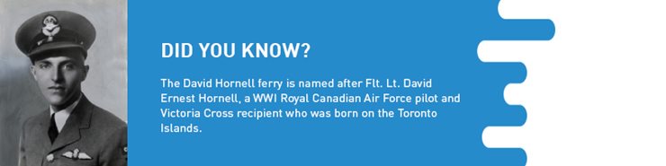 Factoid: The David Hornell ferry is named after Flt. Lt. David Ernest Hornell, a WW1 Royal Canadian Air Force pilot and Victory Cross recipient who was born on the Toronto Islands