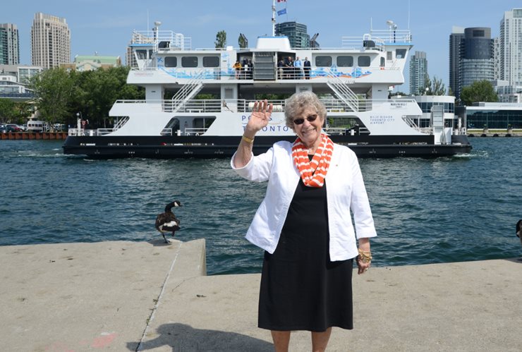 Marilyn Bell infront of the new ferry in the channel