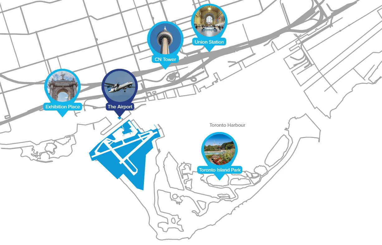 Map of downtown Toronto including pins for important landmarks including Billy Bishop Toronto City Airport
