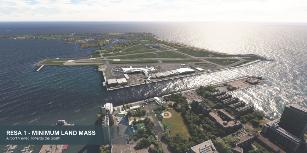 Aerial rendering of the minimal landmass option for runway end safety areas.