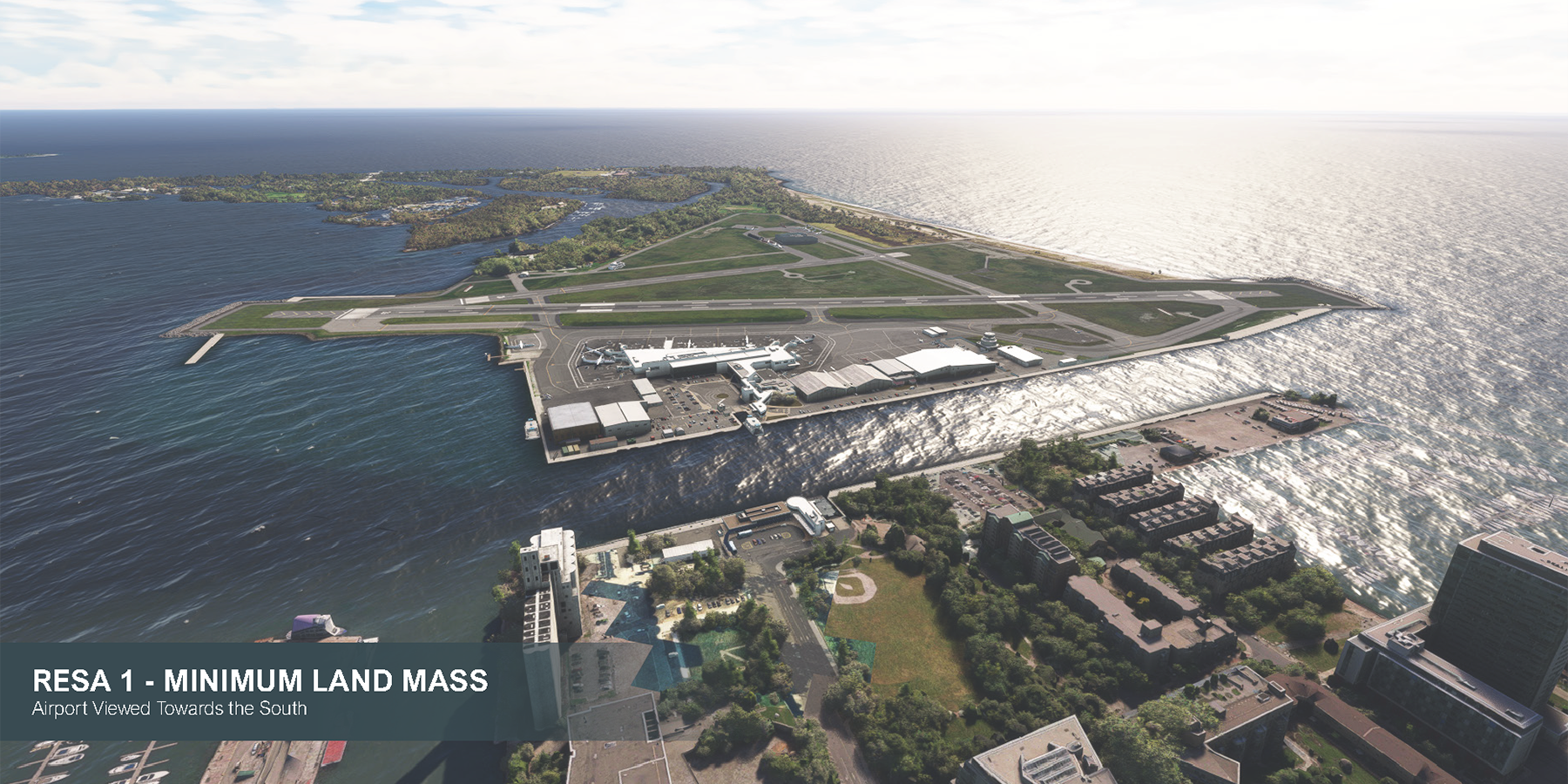 Aerial rendering of the minimal landmass option for runway end safety areas.
