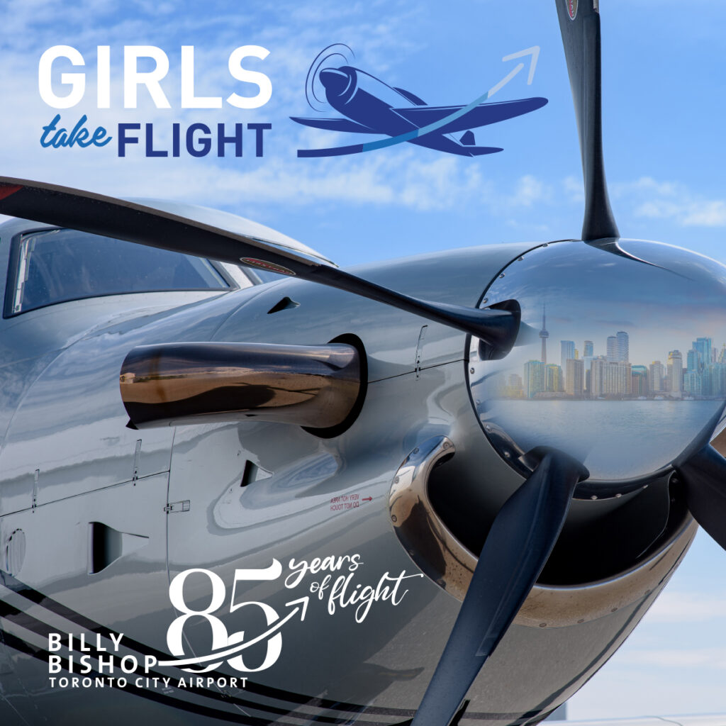 Girls Take Flight event poster with an aircraft propeller and the airport’s 85th anniversary emblem.