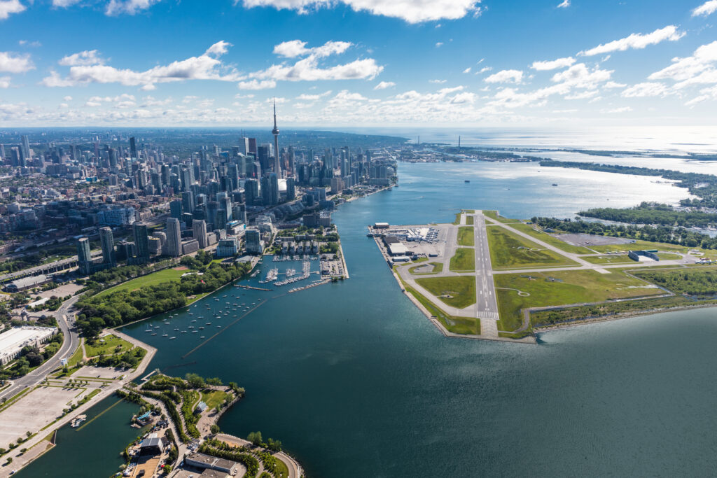 Aerial view of Billy Bishop Airport, the waterfront and downtown Toronto.