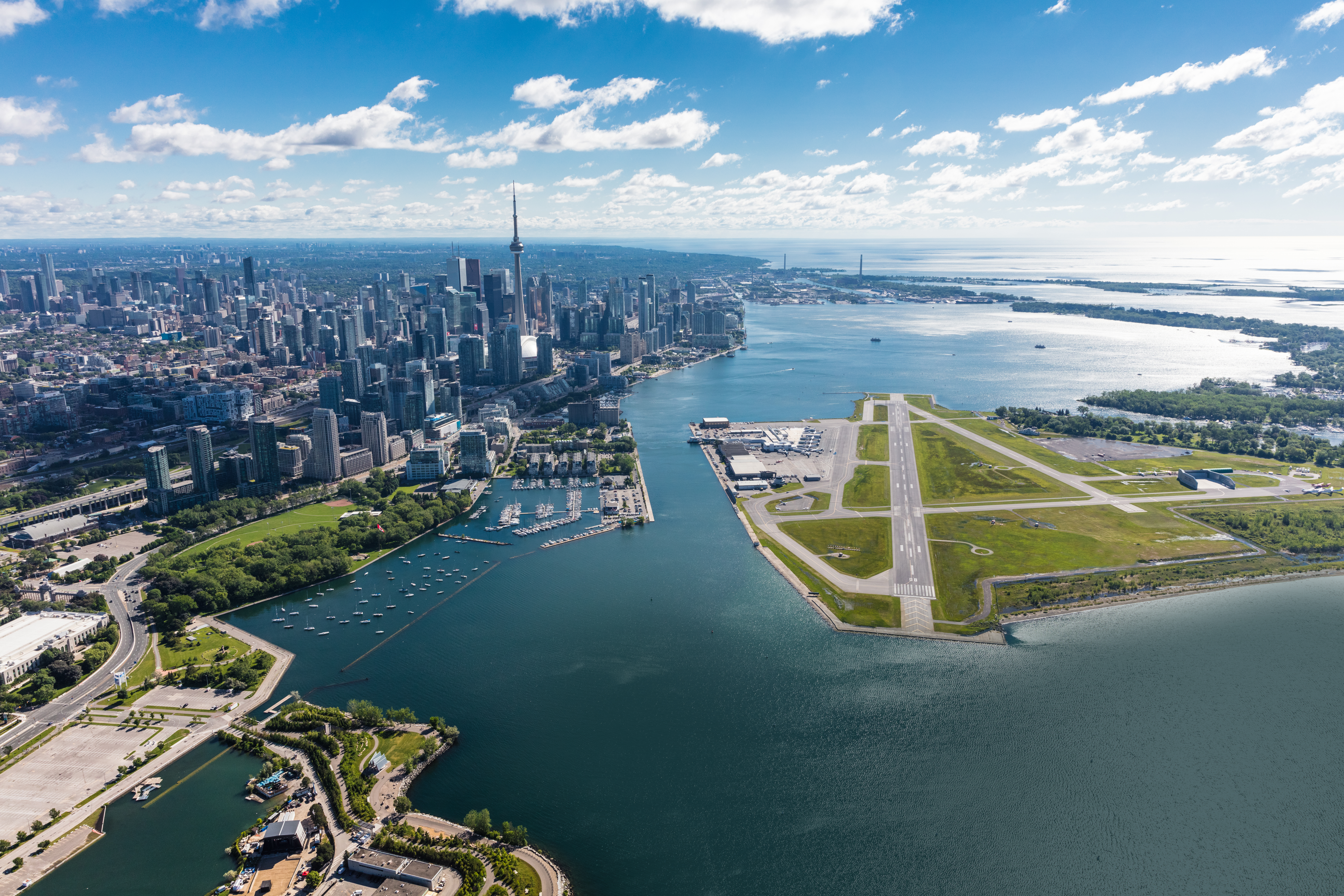 Aerial view of Billy Bishop Airport, the waterfront and downtown Toronto.