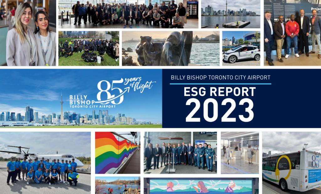 Billy Bishop Airport 2023 ESG report cover with a collage of airport activities.