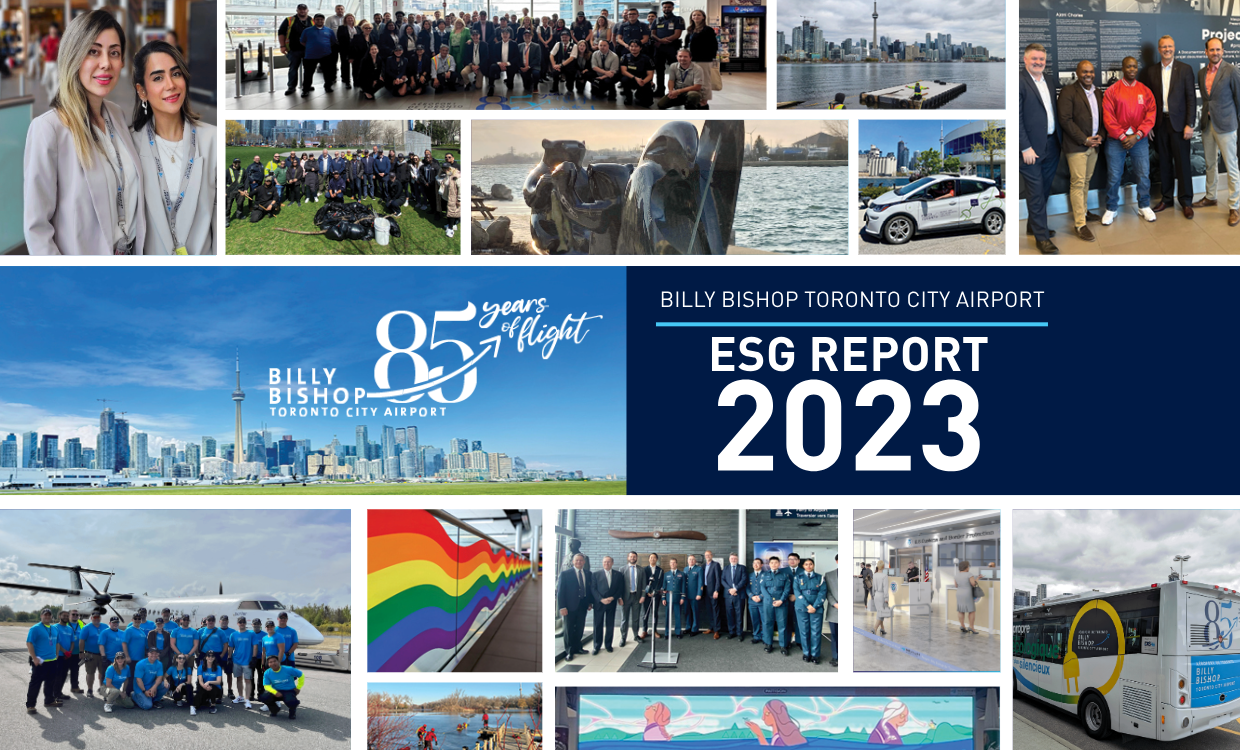Billy Bishop Airport 2023 ESG report cover with a collage of airport activities.