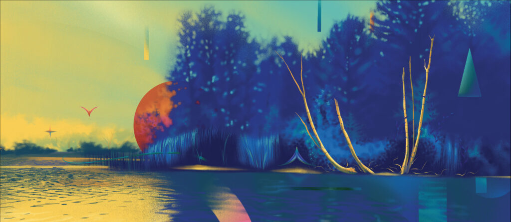 Blue Dream artwork by Jason Zante, featuring a colourful shoreline scene.