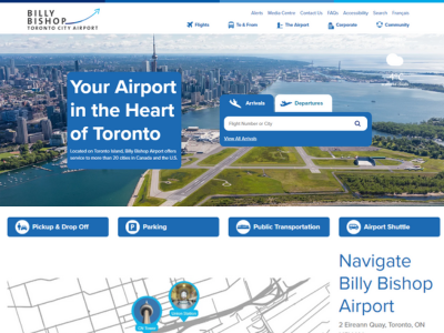 Billy Bishop Airport website homepage on a desktop screen.