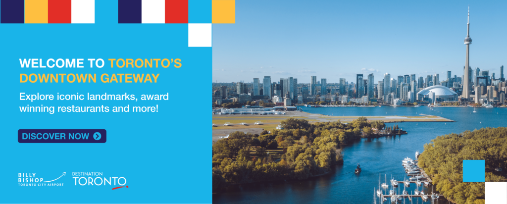 Destination Toronto digital guide announcement with a view of the waterfront.