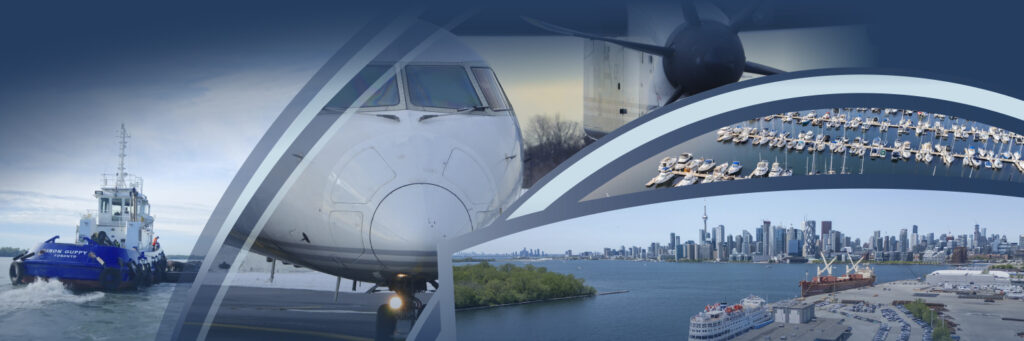 Montage of port, marina and airport operations with the Toronto skyline.