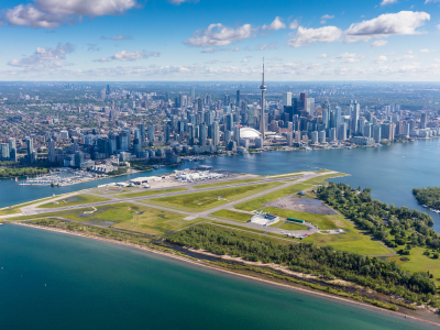 Aerial view of Billy Bishop Airport, the waterfront and downtown Toronto.
