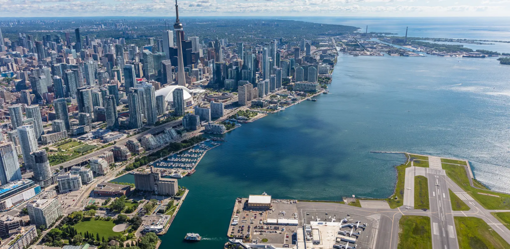 Aerial view of Toronto’s waterfront and the airport shoreline.