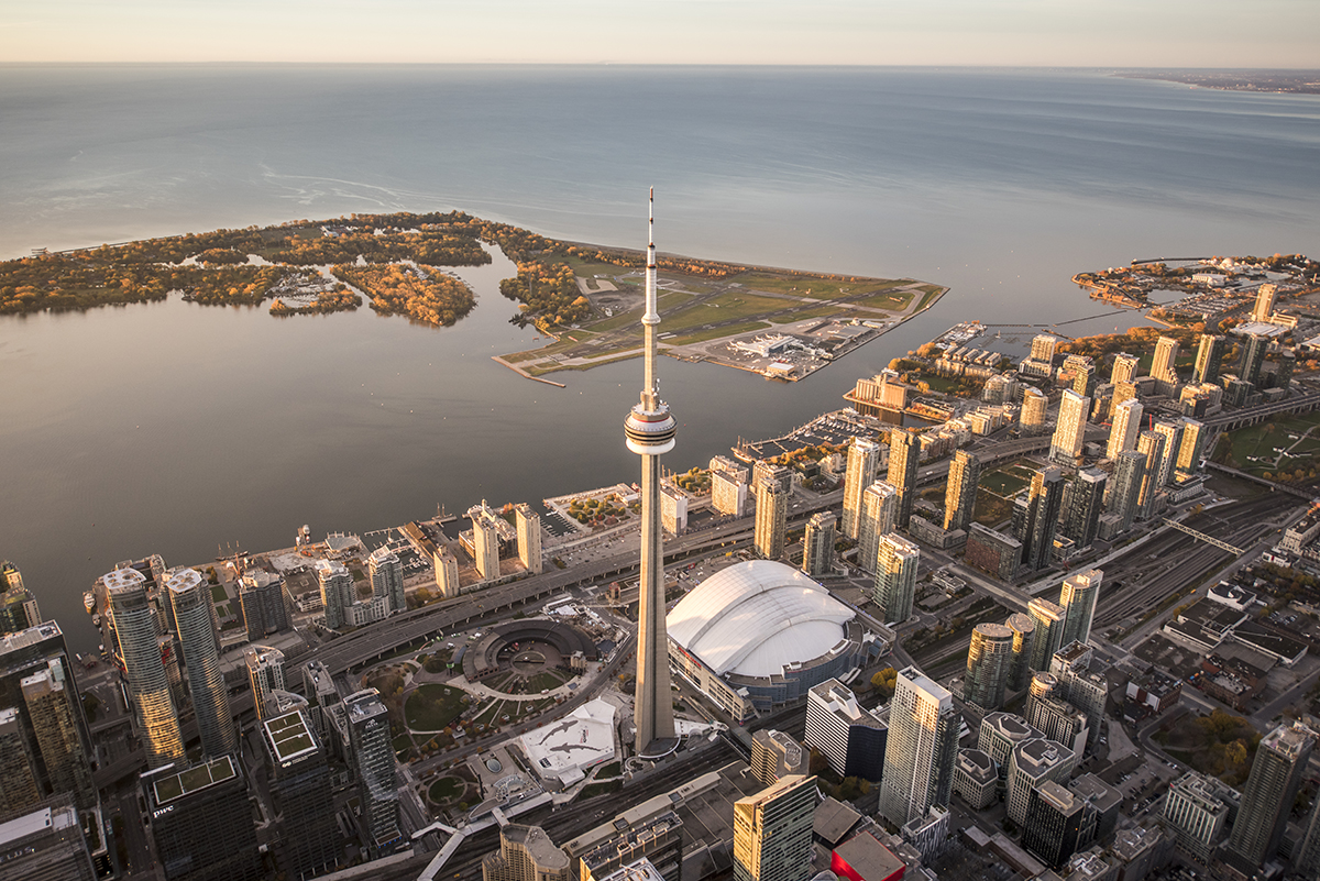 Aerial view of downtown Toronto and the island airport at sunset.